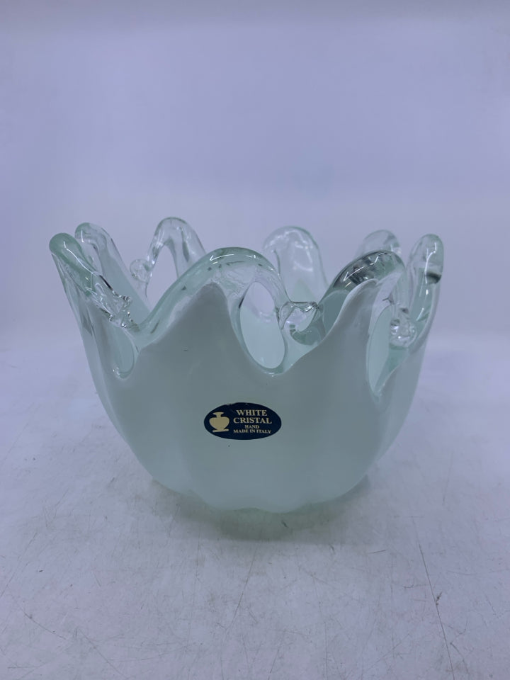 ABSTRACT HEAVY WHITE/CLEAR GLASS CENTERPIECE BOWL.