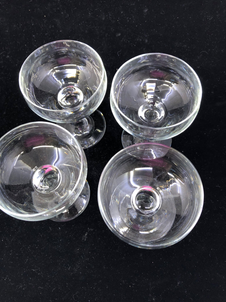 4 CLEAR GLASS SHORT COUPE GLASSES.