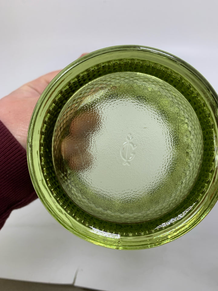 VTG OLIVE GREEN DIAMOND PATTERN CANDY DISH LACE EDGE.