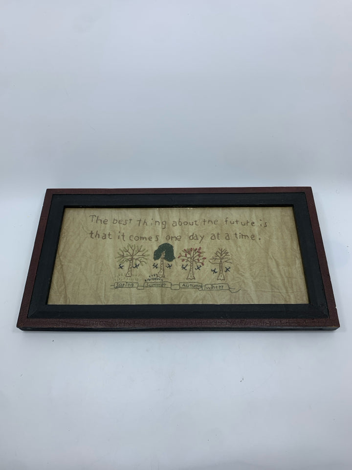 THE BEST THINGS STITCHED- IN RED WOOD FRAME.
