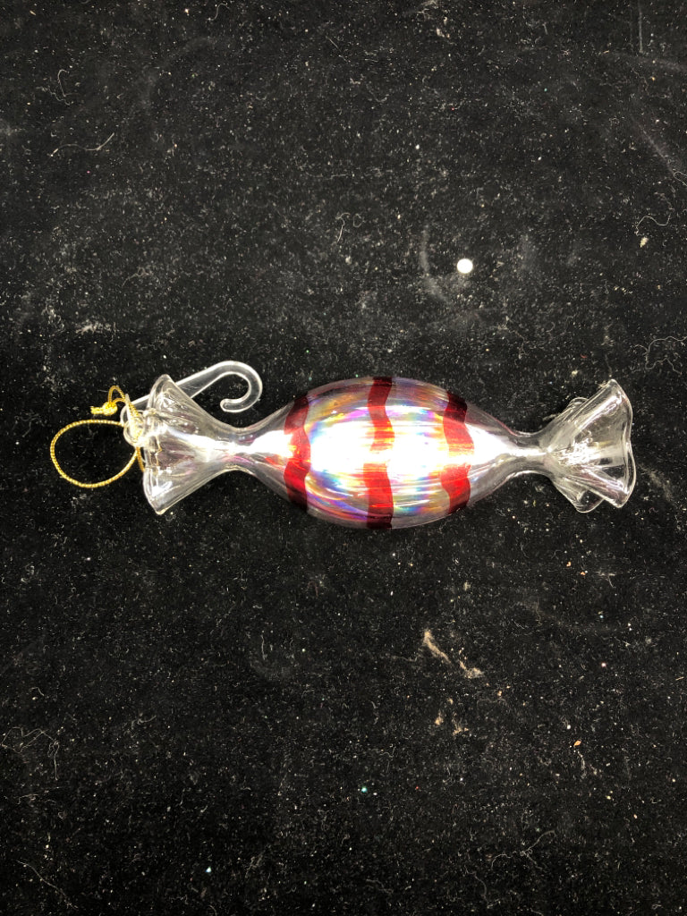 RED STRIPED GLASS CANDY ORNAMENT.