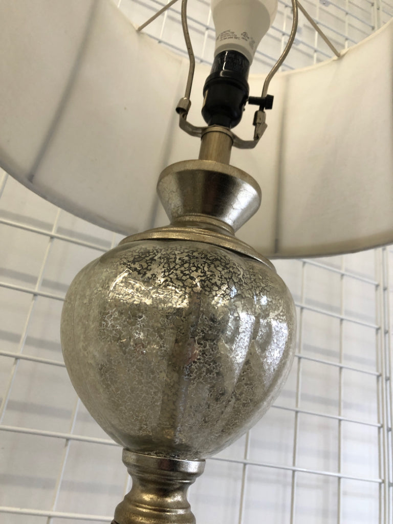 TALL METAL LAMP W/ WHITE SHADE &DISTRESSED BALL DESIGN.
