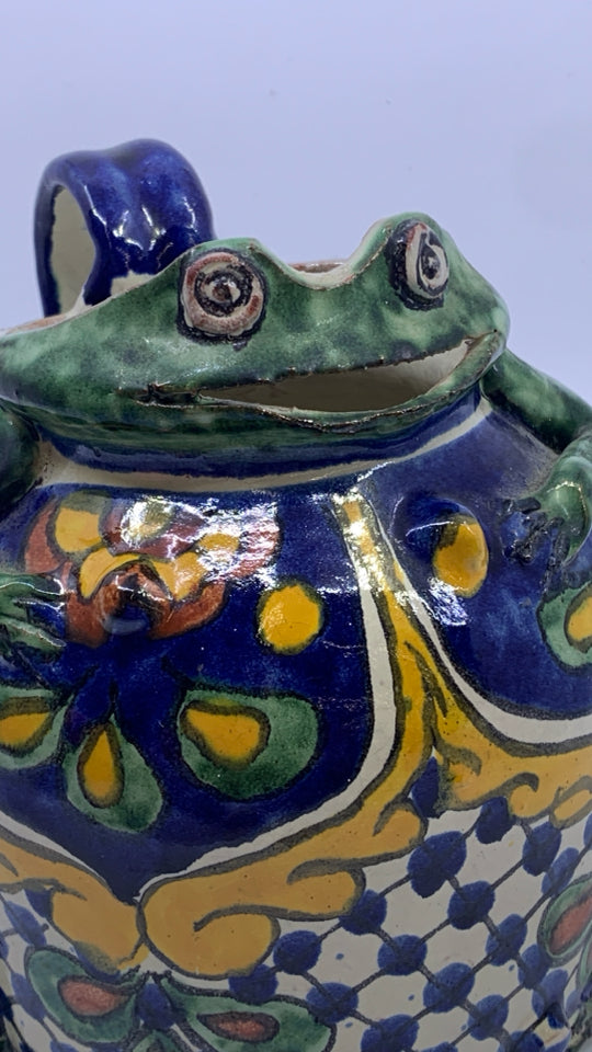 BLUE/GREEN POTTERY FROG PITCHER.