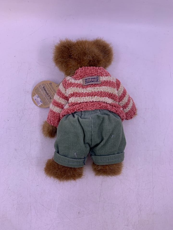 SMALL LIGHT BROWN BEAR W/ PINK STRIPED SWEATER.