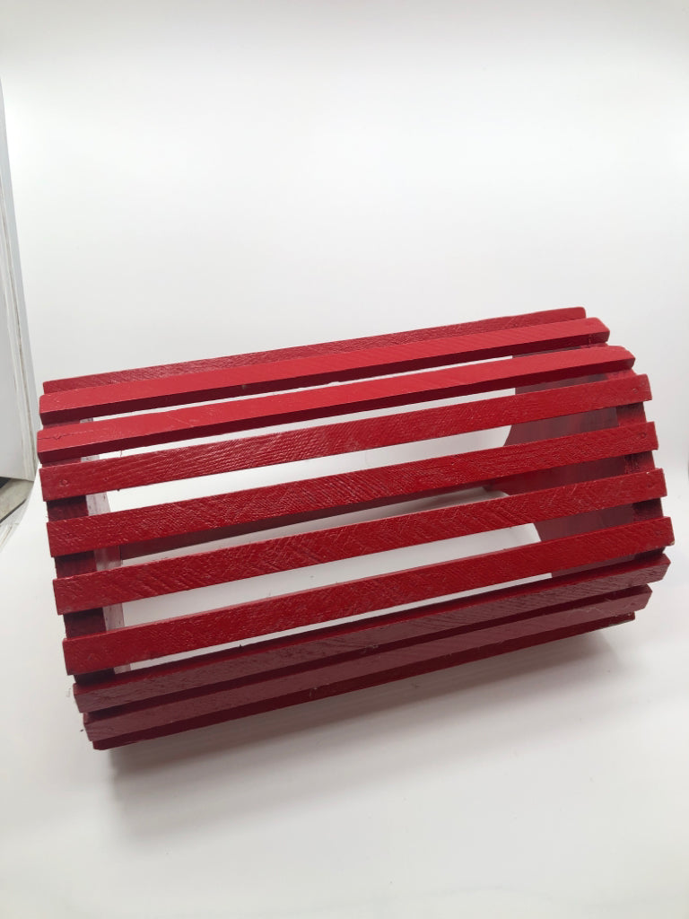 RED PAINTED WOODEN TOOLBOX/BASKET.