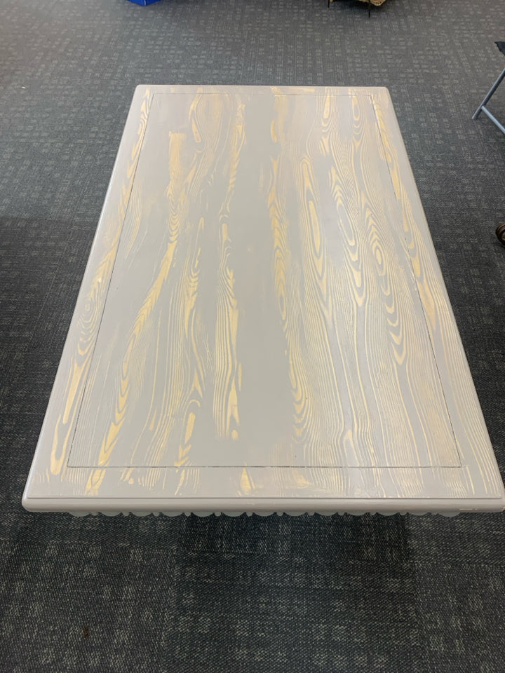 GREY WASHED COFFEE TABLE ON PEDESTAL BASE.
