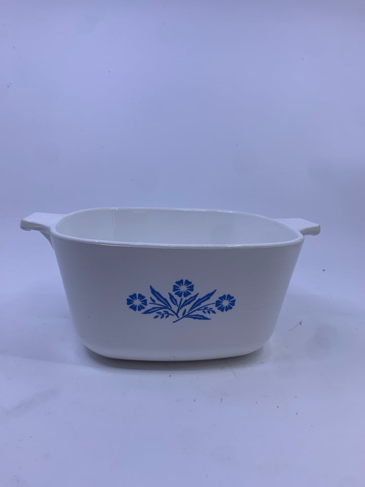 WHITE CASSEROLE DISH WITH BLUE FLORAL.