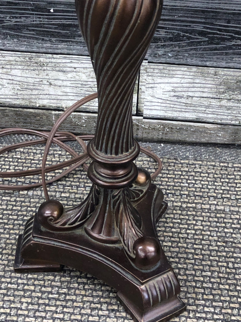BRONZE SCROLL BASE LAMP W/BROWN SHADE.