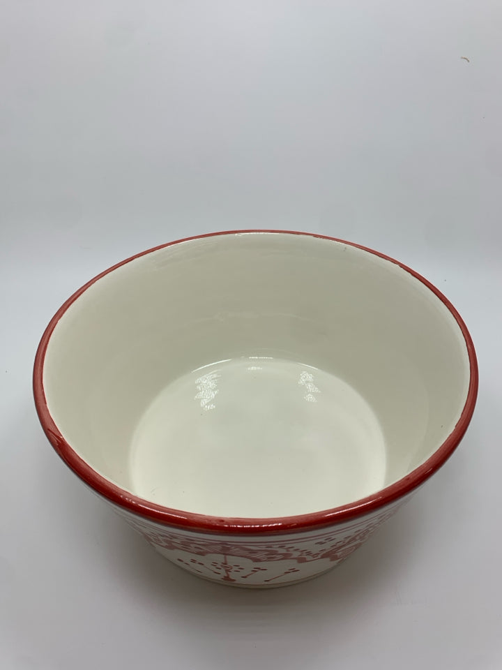 RED PATTERN PAINTED CERAMIC SERVING BOWL.