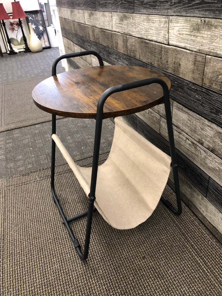 FAUX WOOD TOP, BOTTOM FABRIC SHELF SIDE TABLE.