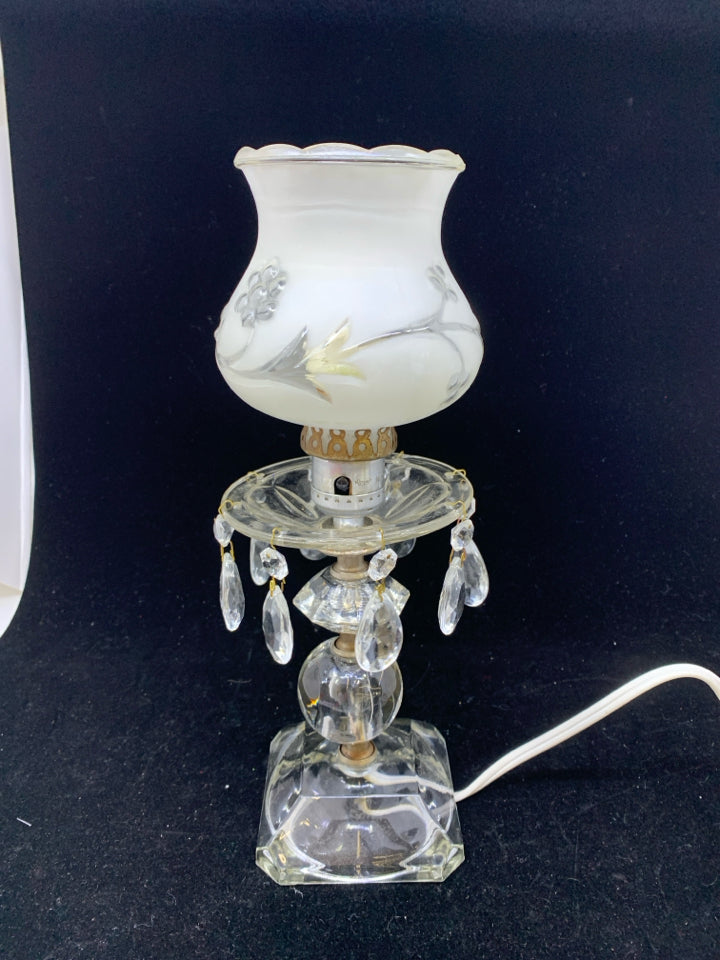 VTG FROSTED GLASS LAMP W JEWELS.
