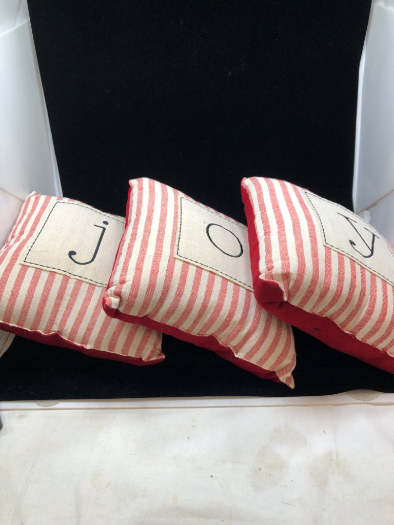 3PC "JOY" RED/WHITE STRIP PILLOWS.