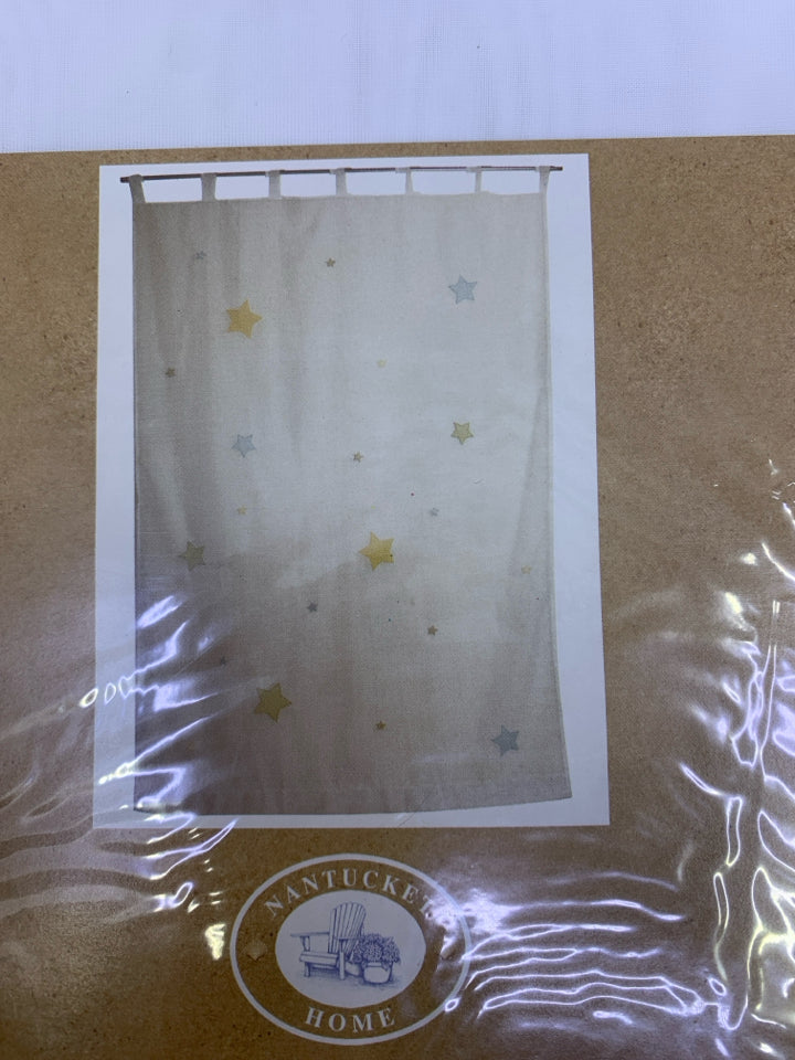 WHITE SHEER TOP PANEL PAIR OF CURTAINS W/ STARS NEW IN BOX.