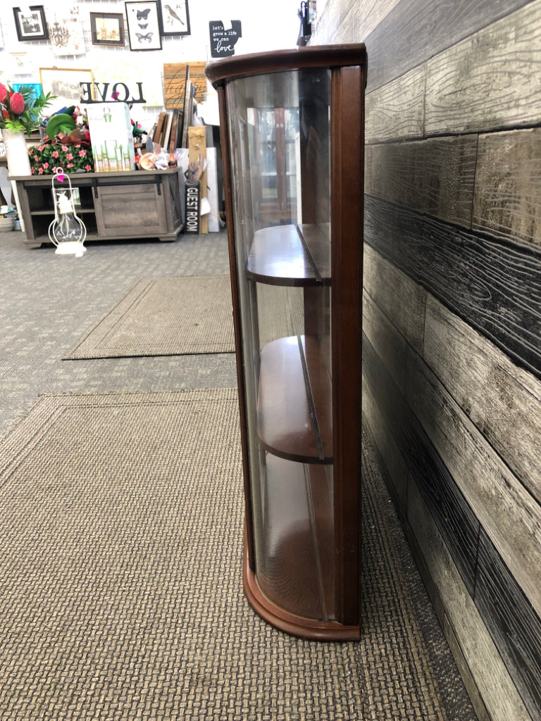 DARK CHERRY WOOD 3 SHELF WALL HANGING CURIO CABINET W GLASS DOOR.