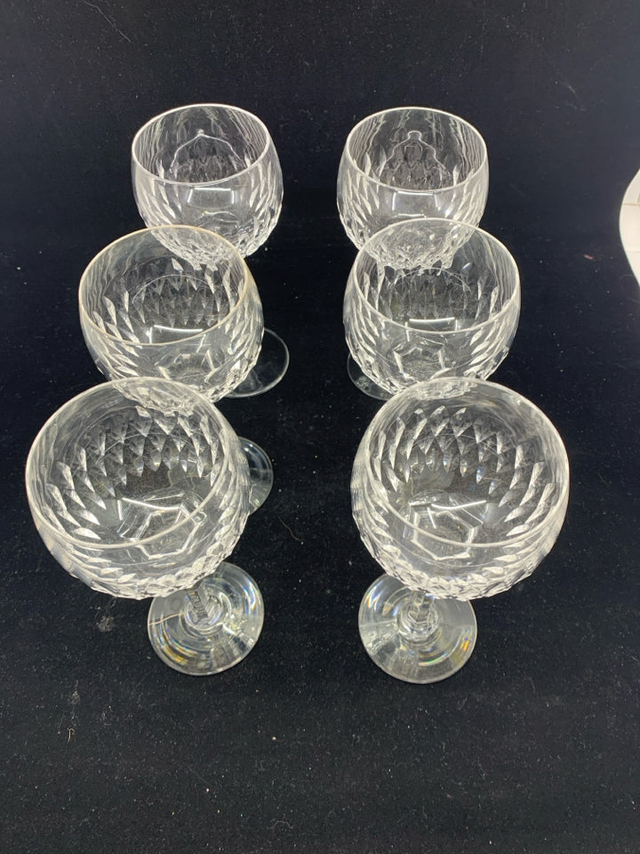 6 CUT GLASS BULB WINE GLASSES.