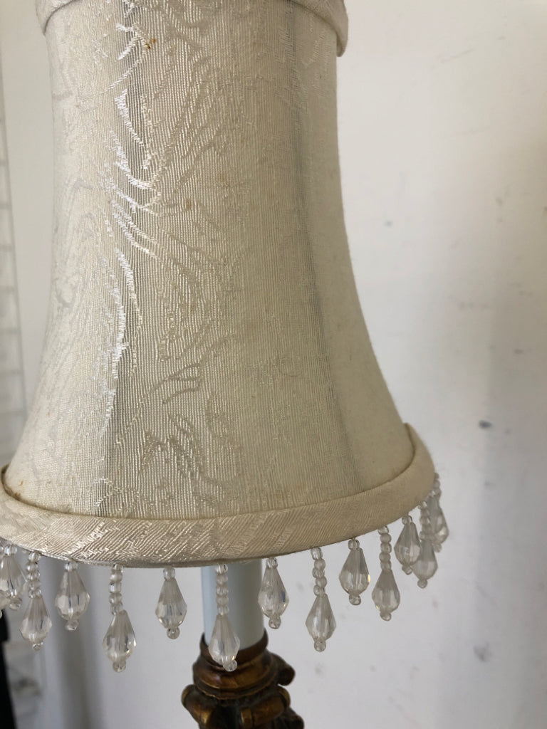 SKINNY METAL BASE LAMP W/WHITE SHADE HANGING BEADS.