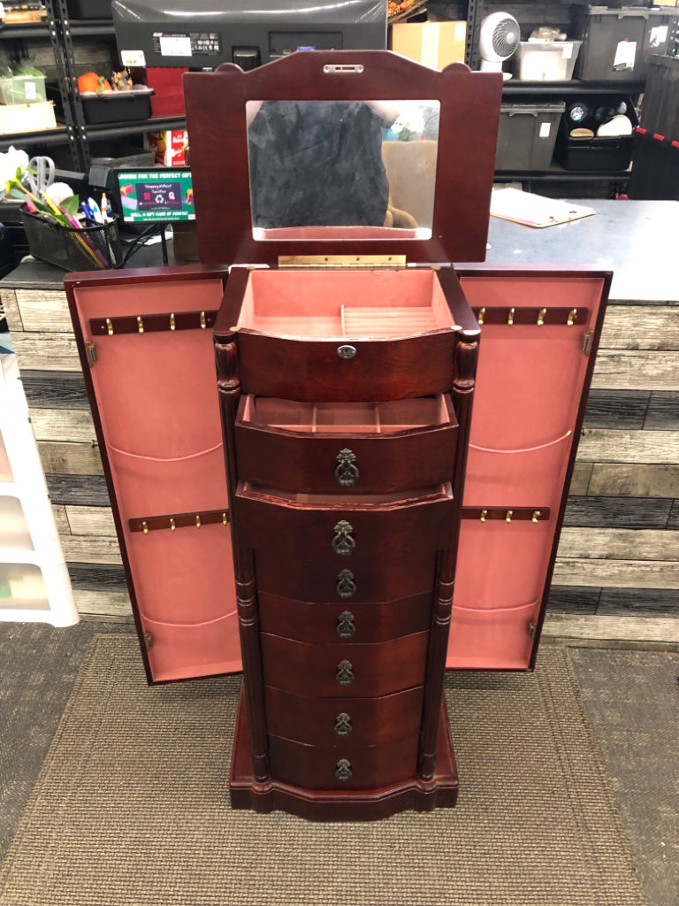 CHERRY WOOD 8-DRAWER LOCKING ARMOIRE W/SIDE DOORS.