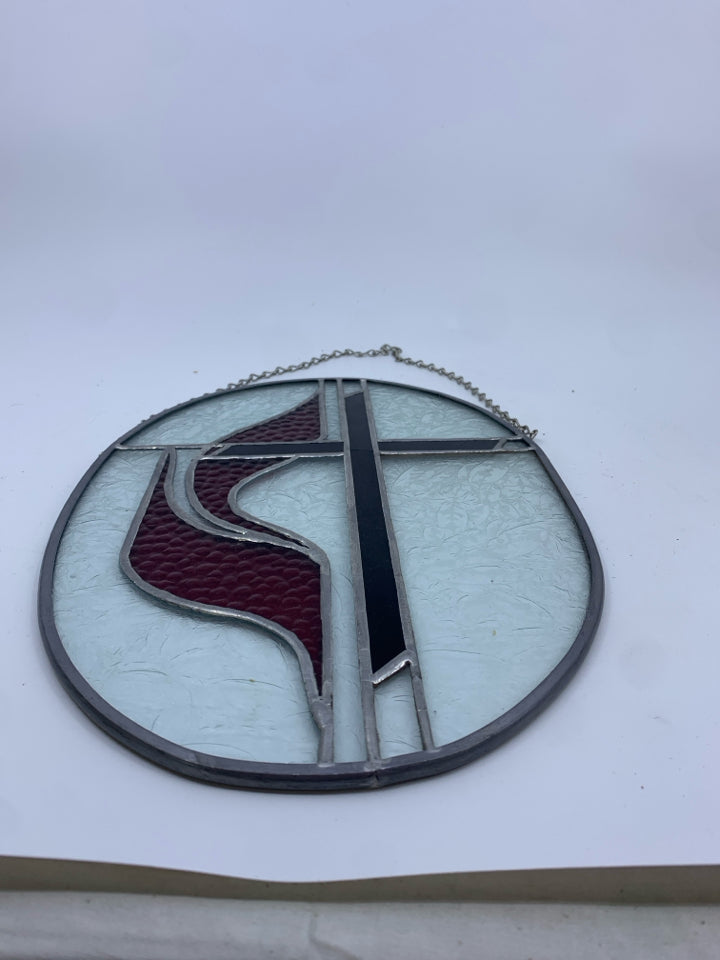OVAL STAINED GLASS WALL HANGING BLACK CROSS.