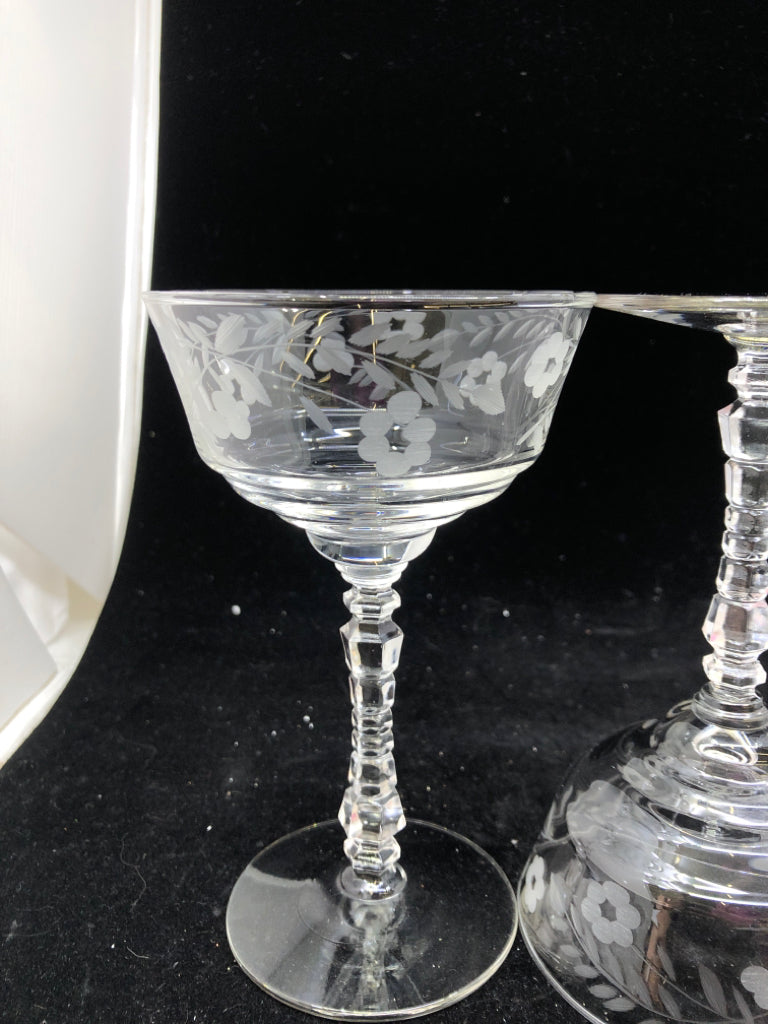 5 VTG ETCHED GLASS COUPE GLASSES.