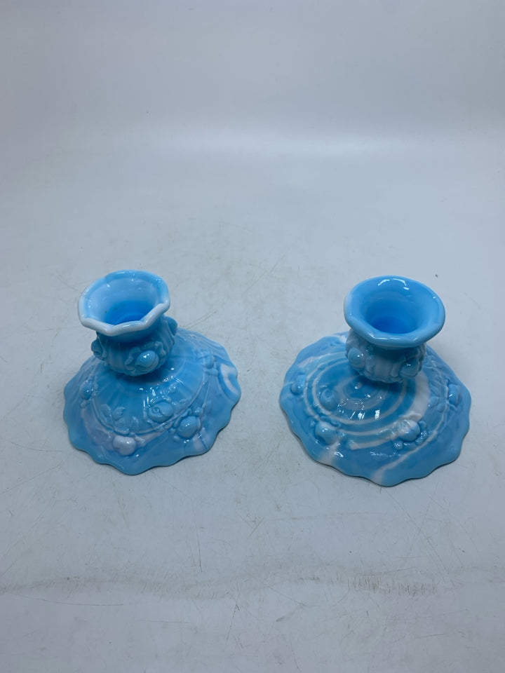 2 VTG CABBAGE ROSE BLUE MARBLE SLAG GLASS TAPERED CANDLE HOLDERS.