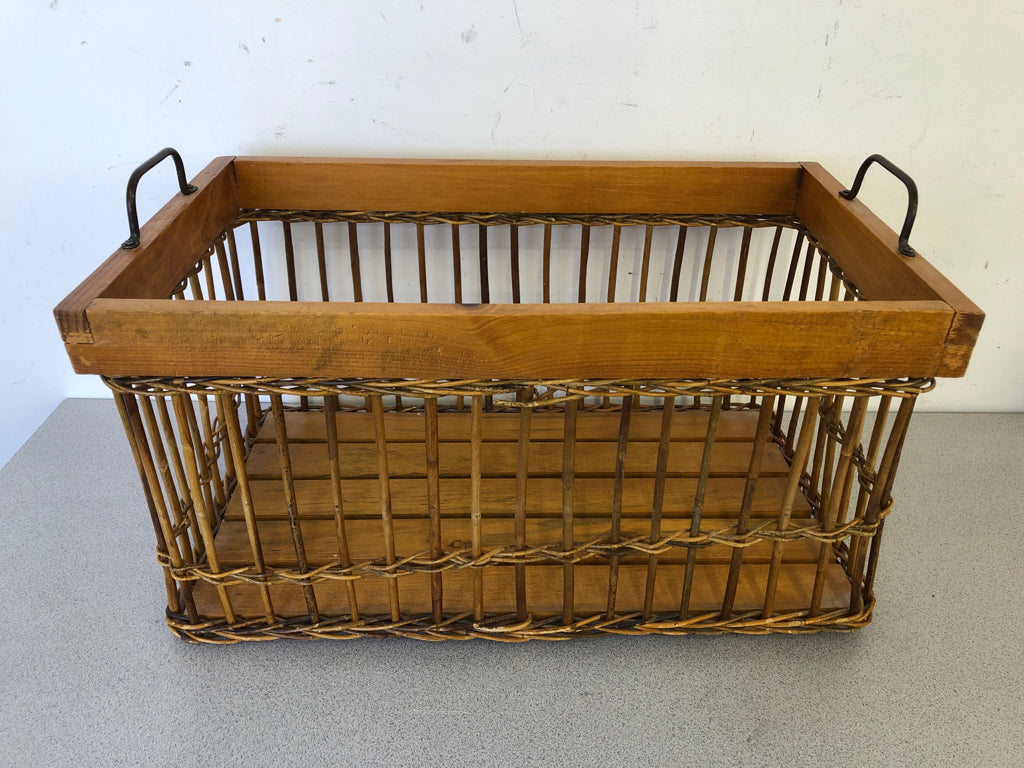 WOOD MILK CRATE W METAL HANDLES.