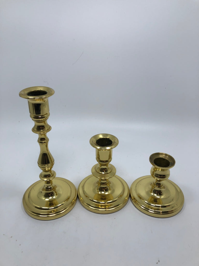 3PC BALDWIN POLISHED BRASS TAPER CANDLE HOLDERS.