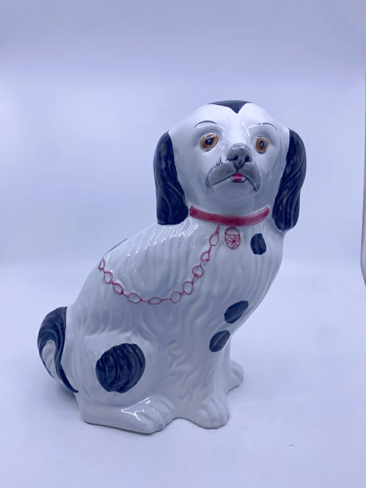 CERAMIC HAND PAINTED WHITE W BLACK SPOTS DOG.