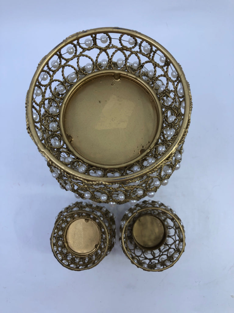3 GOLD METAL PILLAR CANDLE HOLDERS W PEARL.