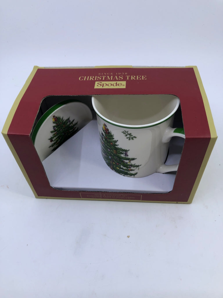 SPODE CHRISTMAS TREE MUG AND COASTER SET.