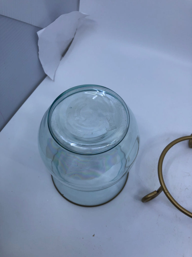 IRIDESCENT BLUE GLASS CANDLE HOLDER W/ GOLD STAND + RIM.