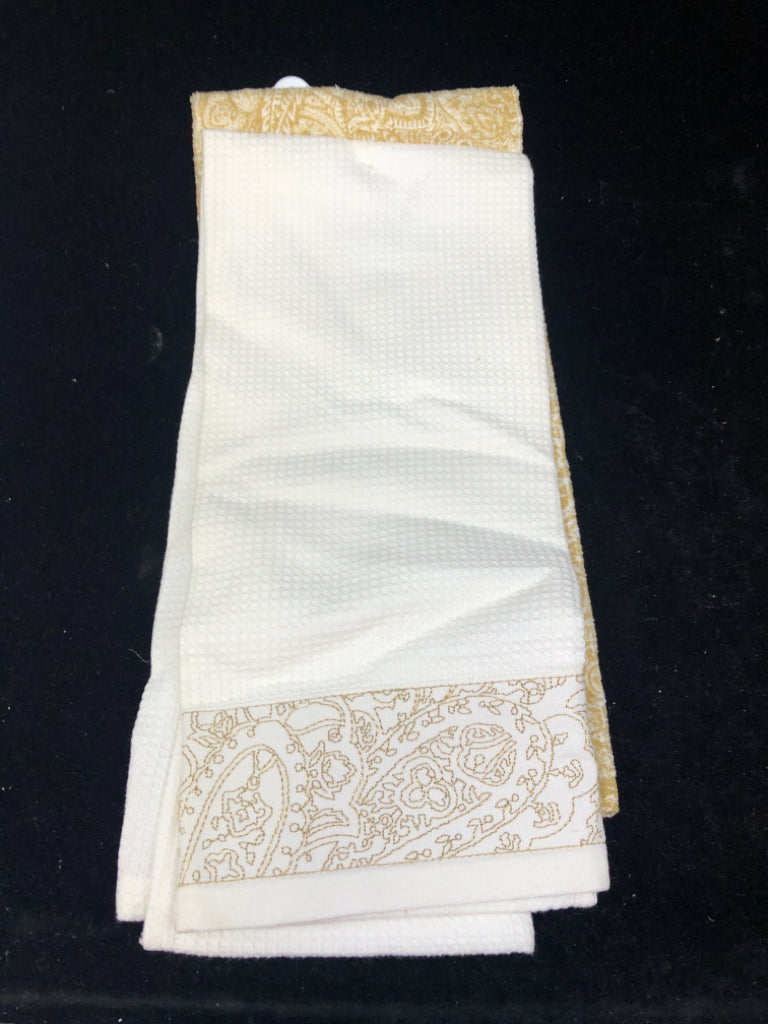 NIP GOLD SCROLL & WHITE W/ SCROLL DETAIL BOTTOM KITCHEN TOWELS.