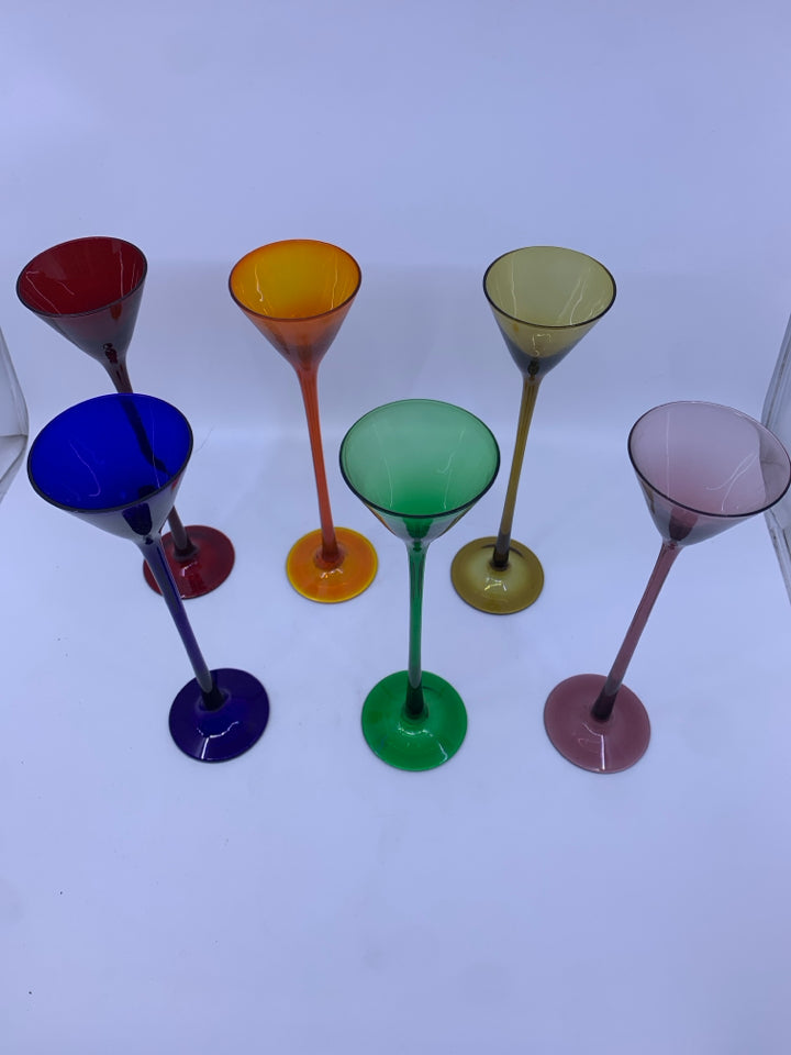 6 LONG STEMMED CORDIALS SHOT GLASSES MULTI COLORED.