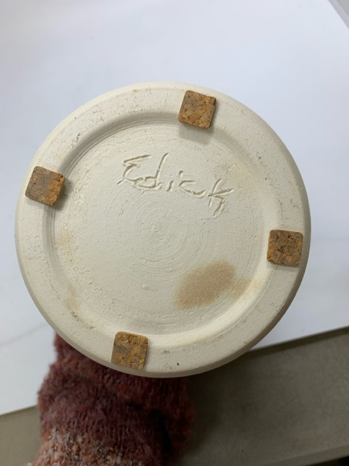 POTTERY CRACKLE CROCK W/ PINK BAND/ BLUE FLOWERS.