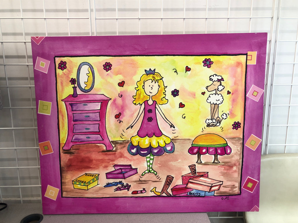 BRIGHT PINK GIRL & POODLE IN BEDROOM WALL CANVAS.