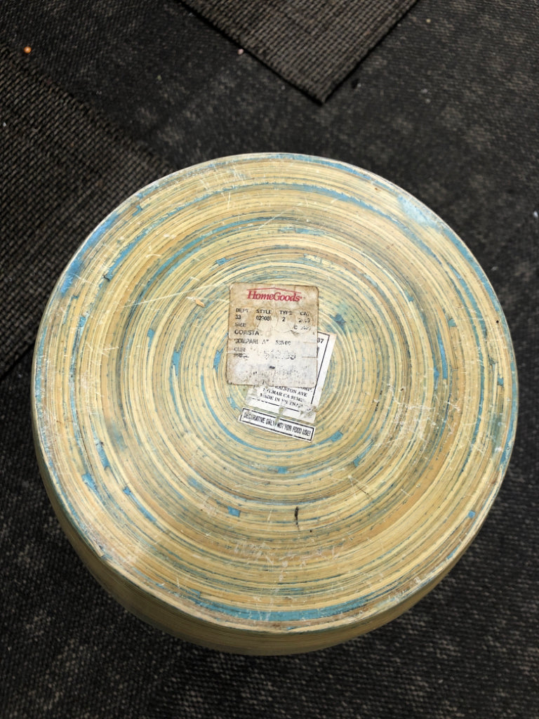 BLUE SWIRL YELLOW WOODEN VASE.