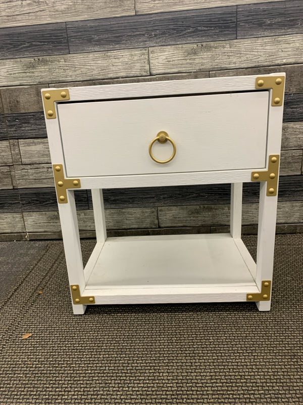 WHITE LOW TWO TIER SIDE TABLE W/ GOLD HARDWARE CIRCLE HANDLES.