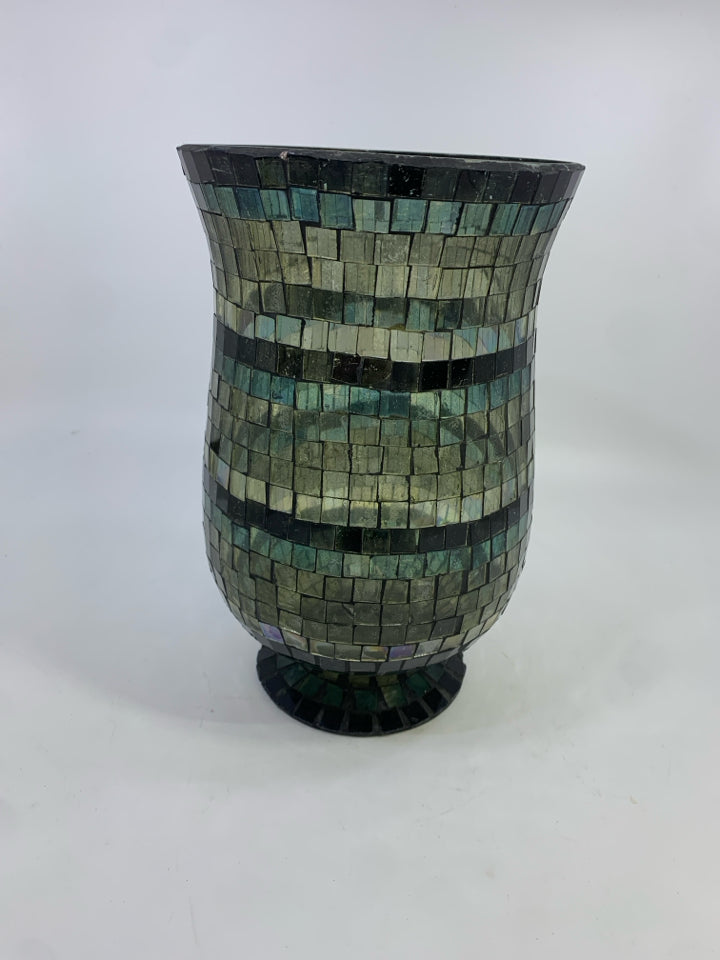 TEAL/BLACK MOSAIC FOOTED VASE/ CANDLE HOLDER.