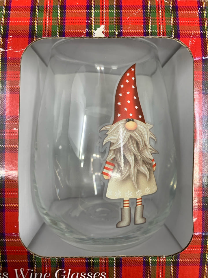 NIB SET OF 4 STEMLESS WINE GLASSES GNOME.