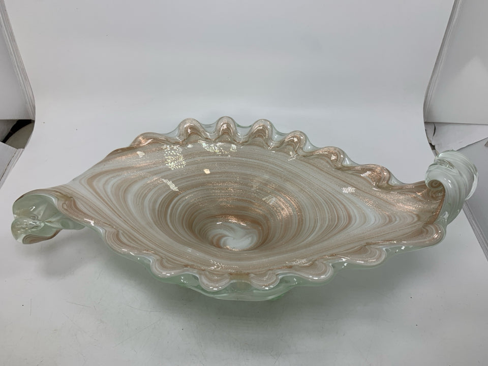FOOTED HEAVY BLOWN GLASS ABSTRACT WHITE W/ ROSE GOLD SPECKLES BOWL.