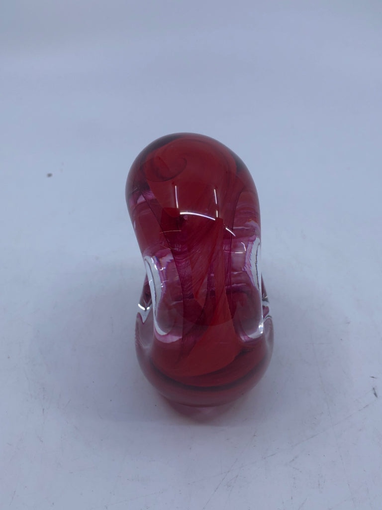 RED/ PINK GLASS PAPER WEIGHT.