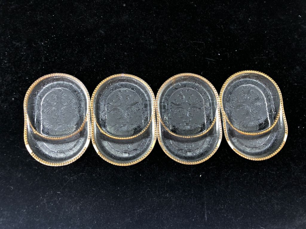 4 VTG GLASS W GOLD COASTER/TEA BAG SET.