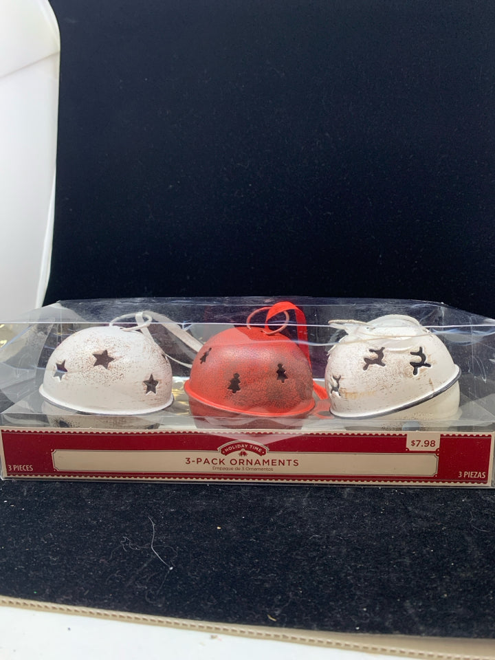 NIB 3 PK RED/WHITE BELL ORNAMENTS.