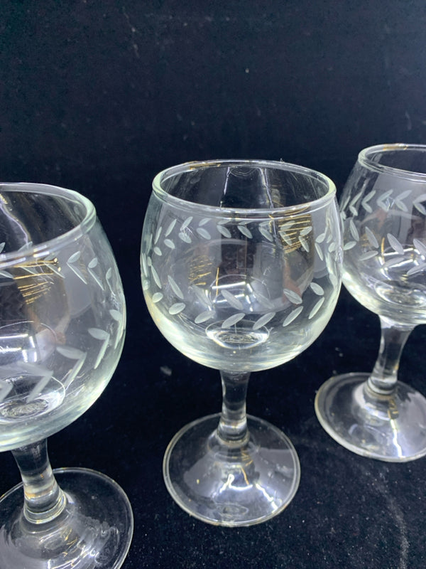 4 SMALL ETCHED WINE GLASSES.