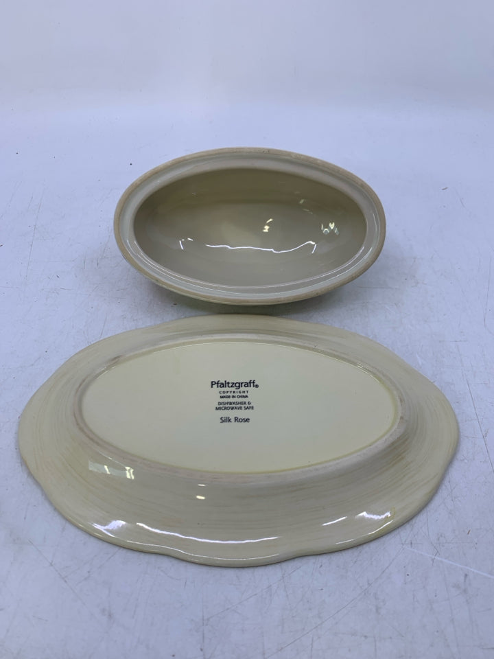 SILK ROSE PATTERN OVAL BUTTER DISH.