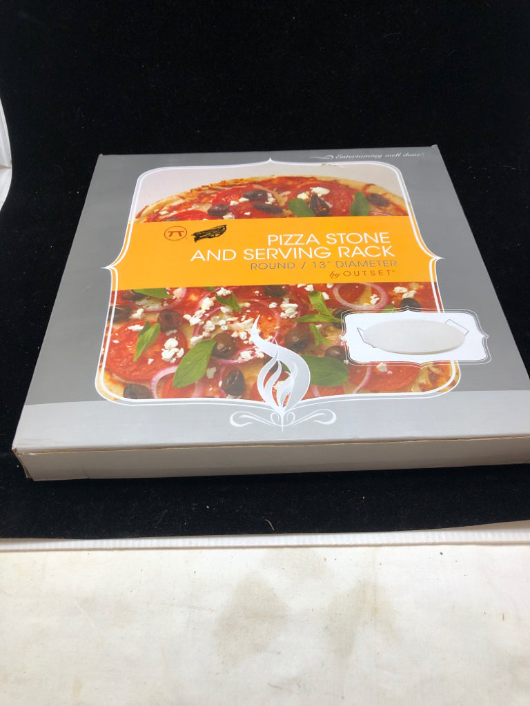 NIB PIZZA STONE AND SERVING RACK.