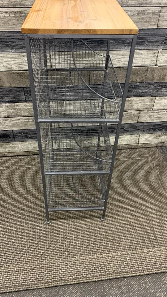3-CUBBIE METAL SHELF W/WOOD TOP.