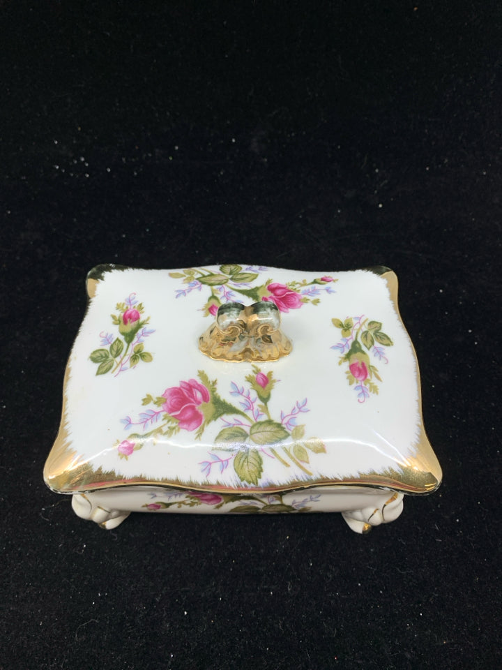 VTG ROSE W GOLD FOOTED TRINKET BOX AND LID.