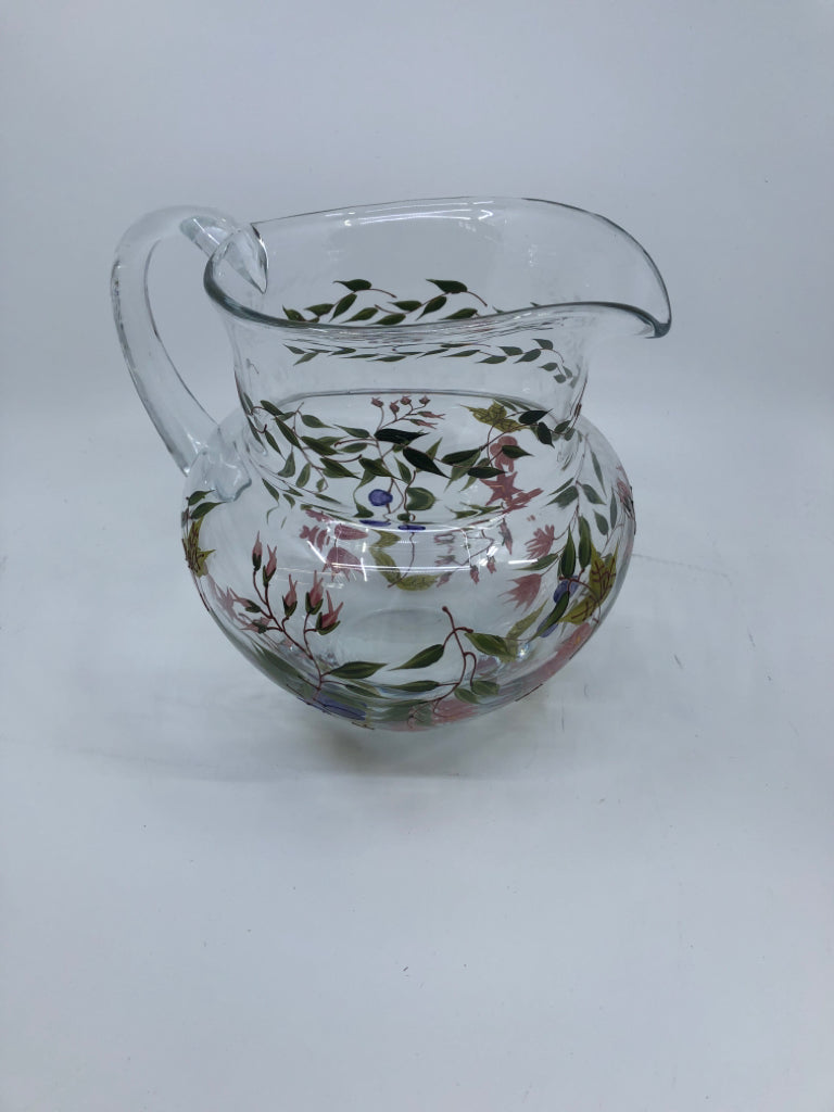 PINK FLOWERS GLASS PITCHER.