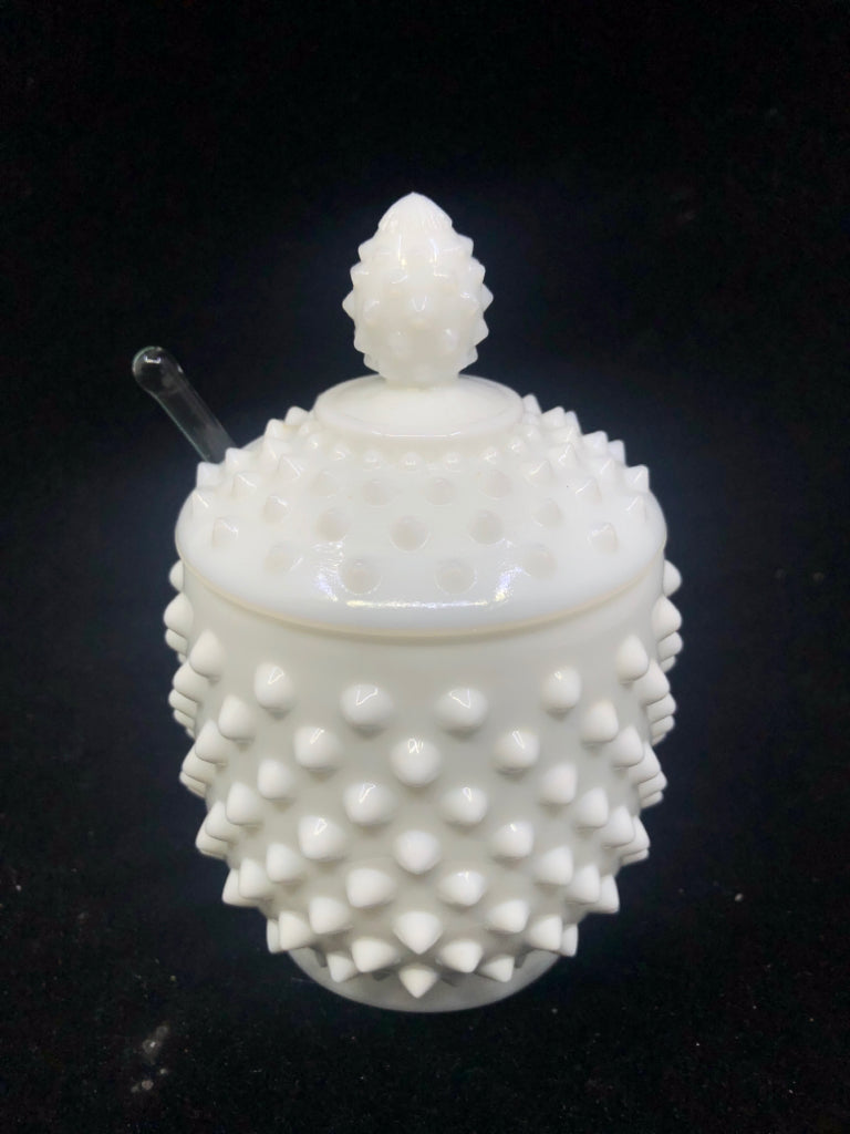 VTG HOBNAIL MILK GLASS HONEY CANISTER W/ GLASS SPOON.