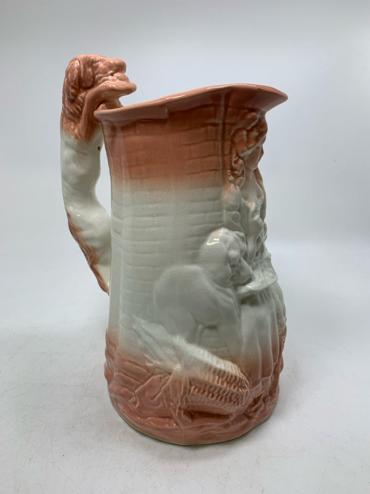 VTG MAIDEN READING W/ DOGS OMBRE PEACH COLOR DOG SHAPED HANDLE.